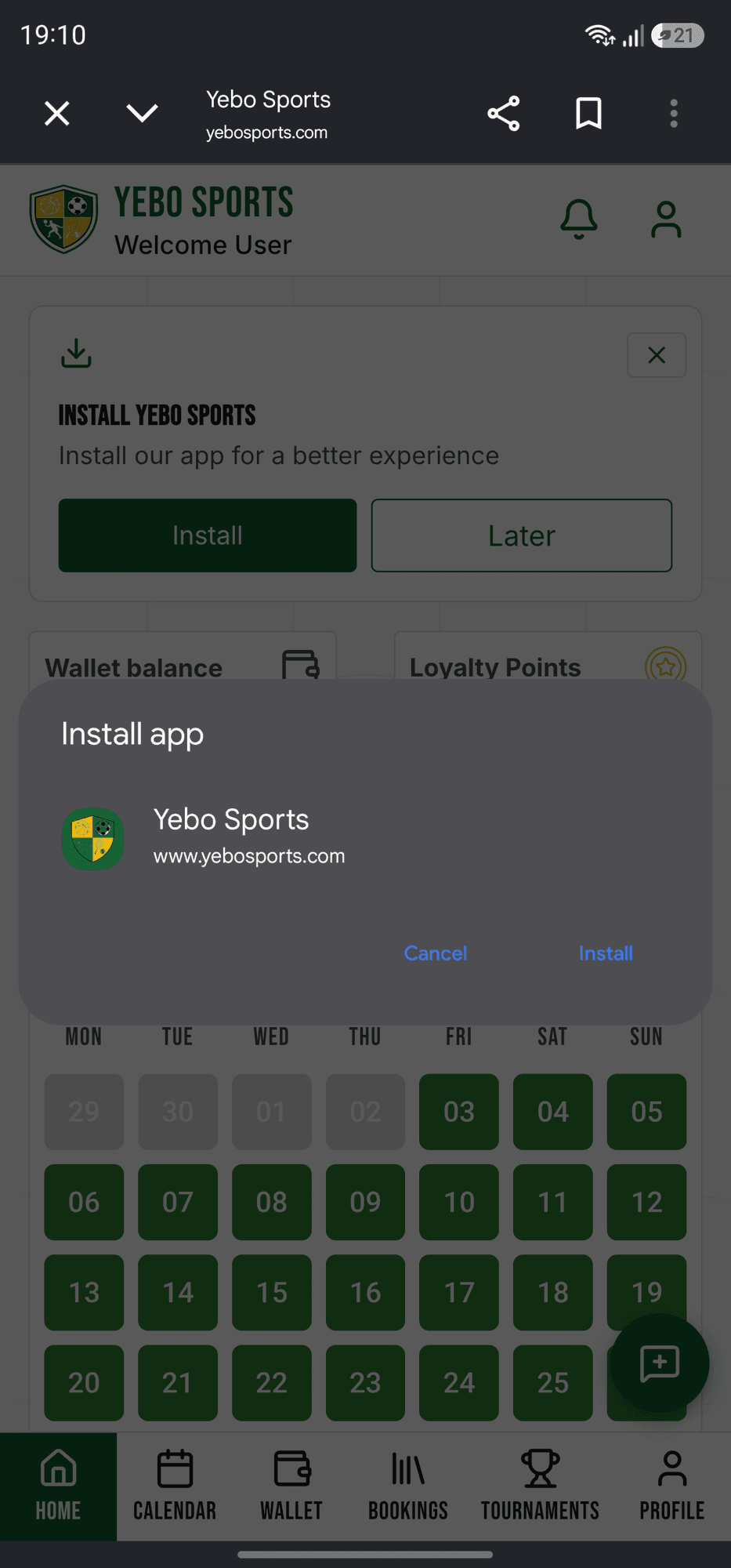 Yebo Sports PWA install prompt on Android Chrome, offering to add the app to the home screen.