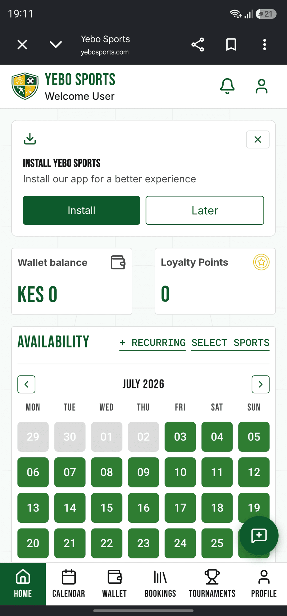 Yebo Sports home on mobile: a monthly availability calendar with selectable dates, a recurring-booking shortcut, and the KES wallet balance.