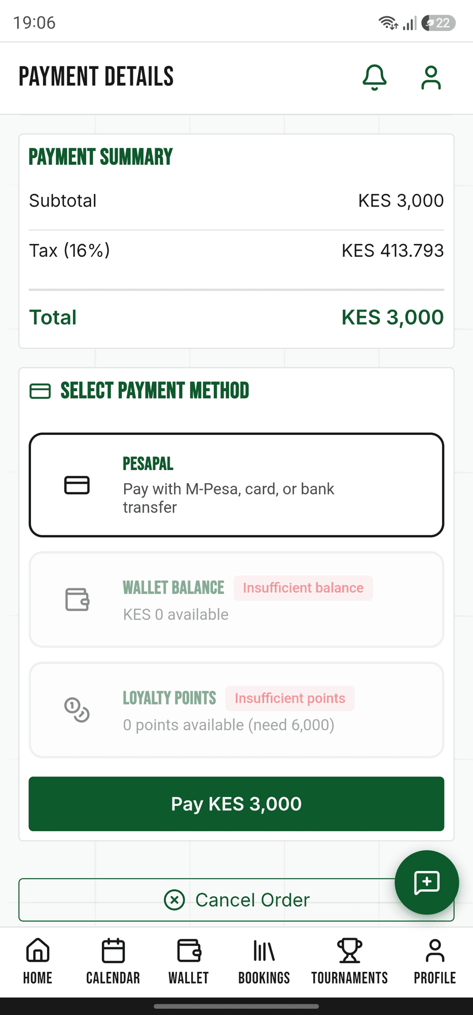 Yebo Sports payment method selection: Pesapal (M-Pesa, card, or bank transfer), wallet balance, and loyalty points.