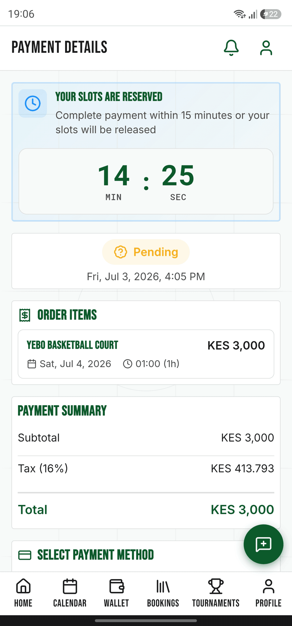 Yebo Sports payment screen: a 15-minute countdown reserving the selected slots, with a pending order and price breakdown.